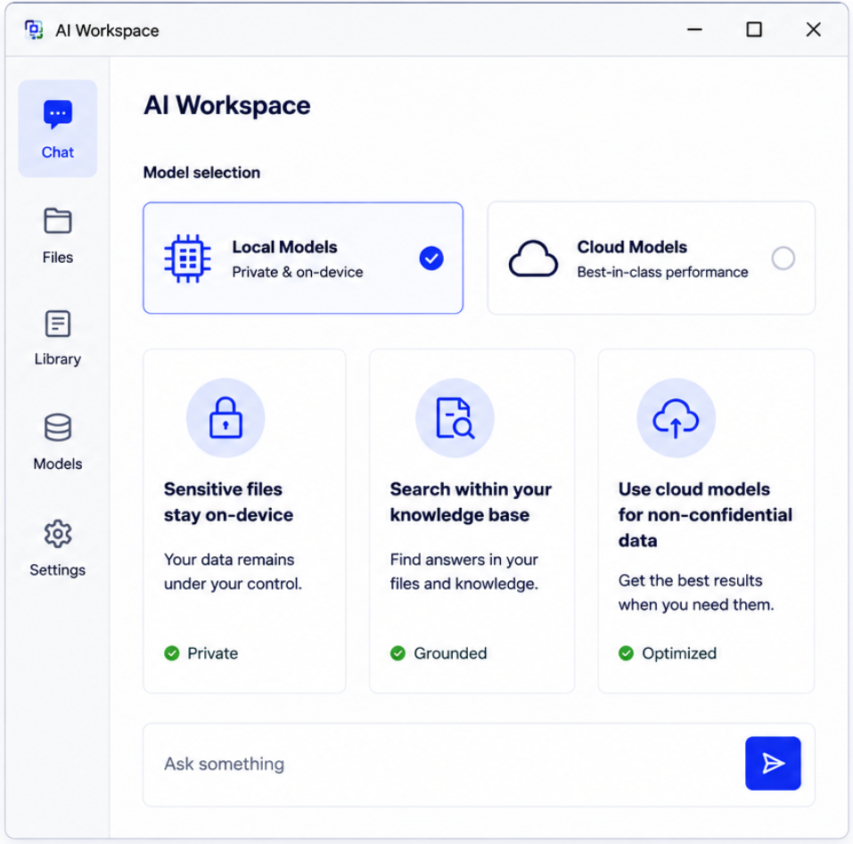 Privacy-first AI Workspace app mockup for AI product development