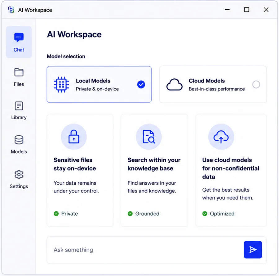 Privacy-first AI Workspace app mockup for AI product development
